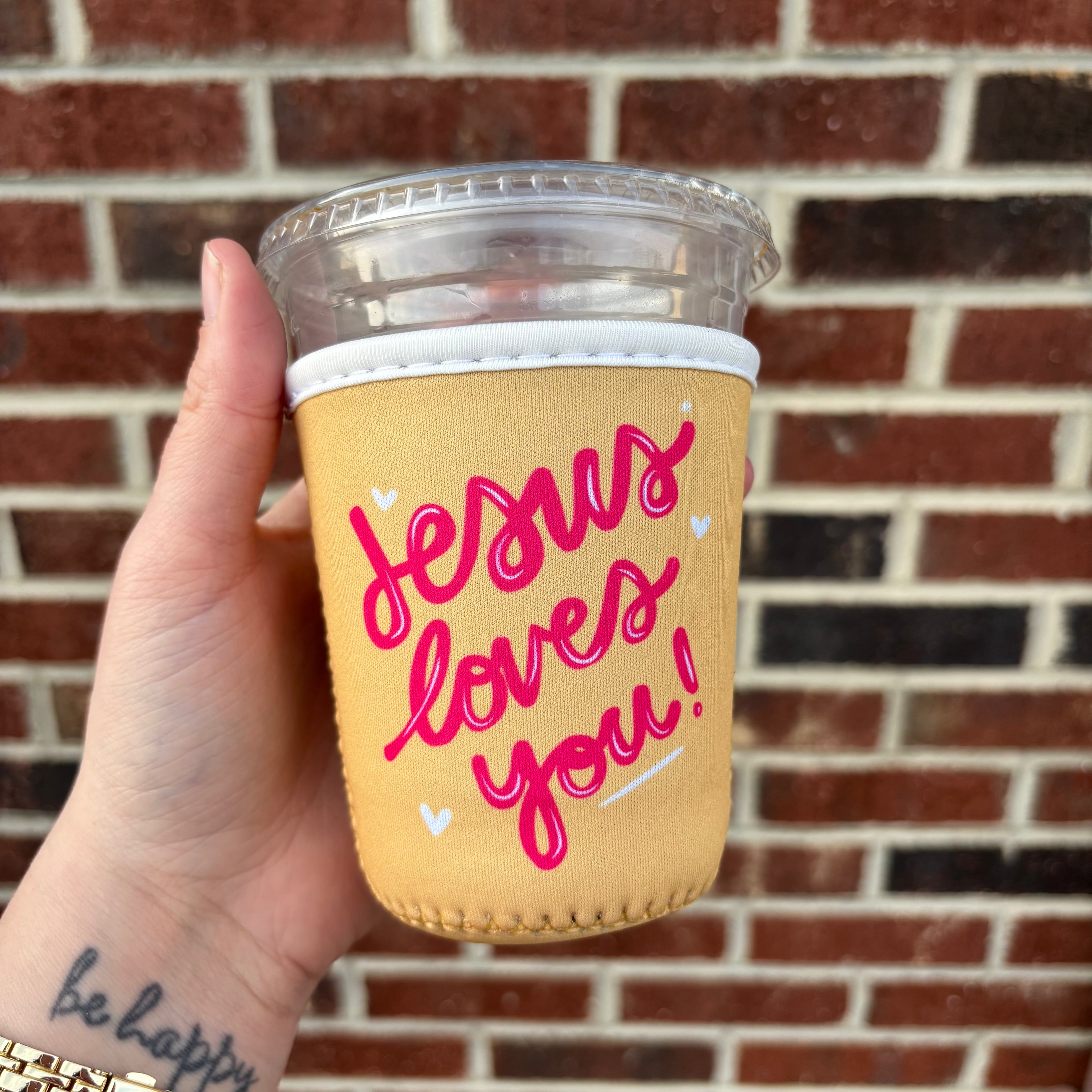 Yellow Jesus Loves You Coffee Sleeve
