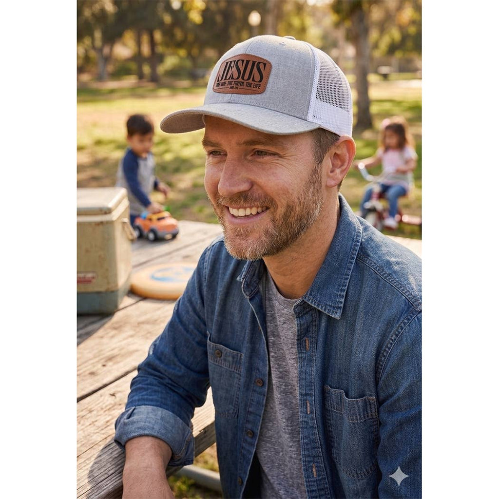 Jesus Leather Patch Mid-Profile Mesh Back Trucker Hat